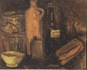 Still-life with earthenware, glass of beer and bottles Vincent Van Gogh